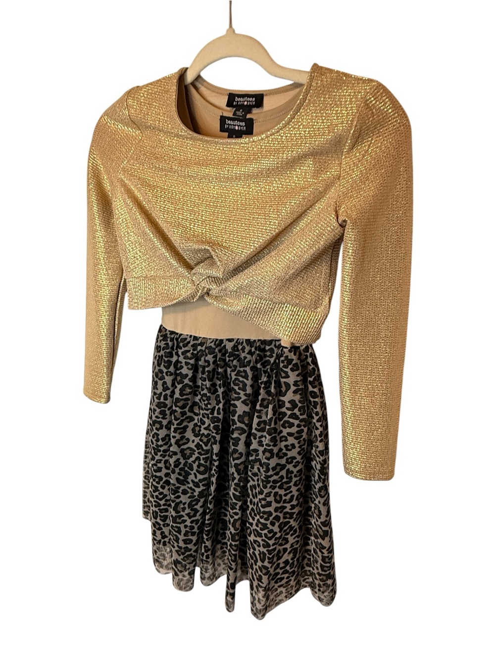 Beautees by Amy Byer Bandolino Gold Metallic Crop Top w Leopard Print Midi Skirt